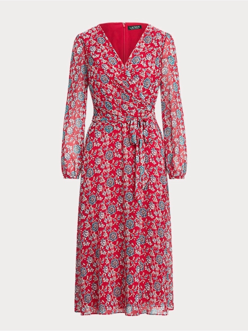 Lauren Ralph Lauren Puff-Sleeve Georgette Dress red blue long sleeve size 14